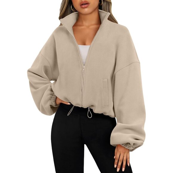 〽️Womens Khaki AUTOMET Oversized Fleece Zip Up Sherpa Sweatshirt Fashion Jacket